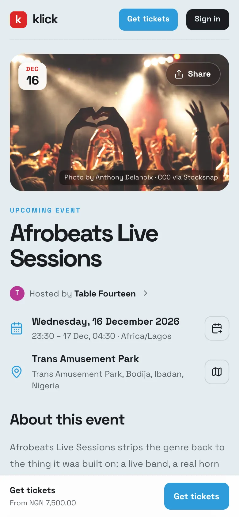Afrobeats Live Sessions event page