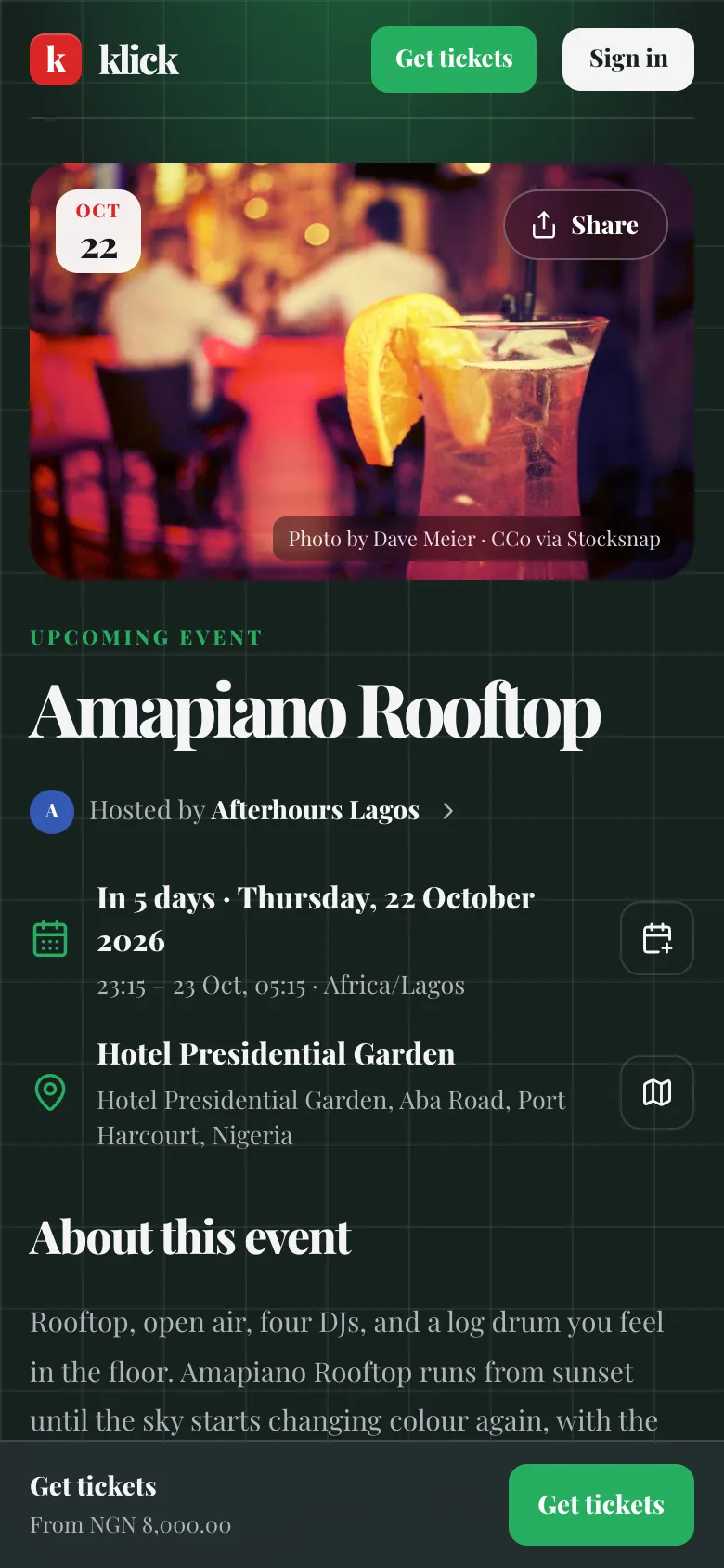 Amapiano Rooftop event page on Klick, Quantum theme in dark style