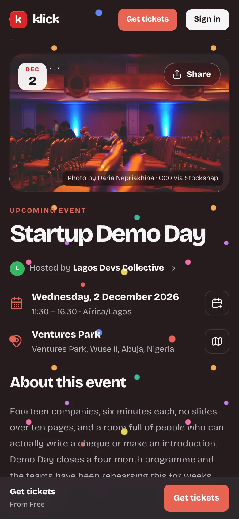 Startup Demo Day event page on Klick, Confetti theme