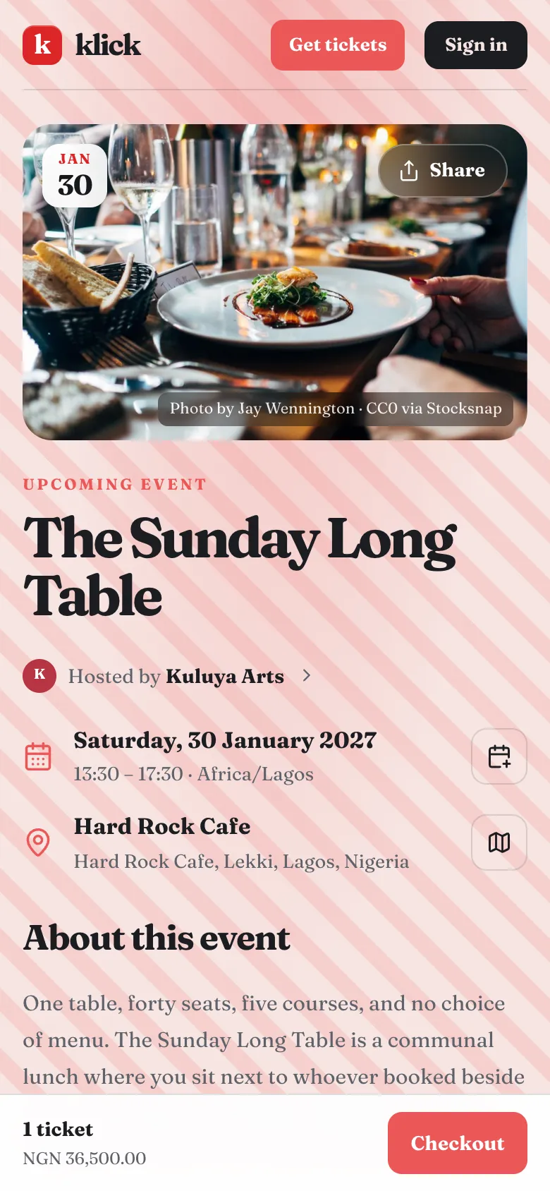 The Sunday Long Table event page
